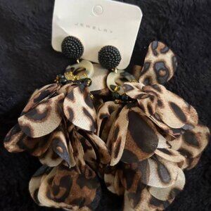 Leopard Pattern & Chiffon Petal Pendant Earrings